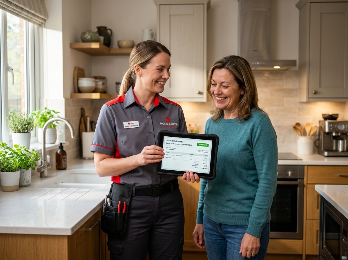 Friendly technician presenting clear, transparent pricing options to a homeowner